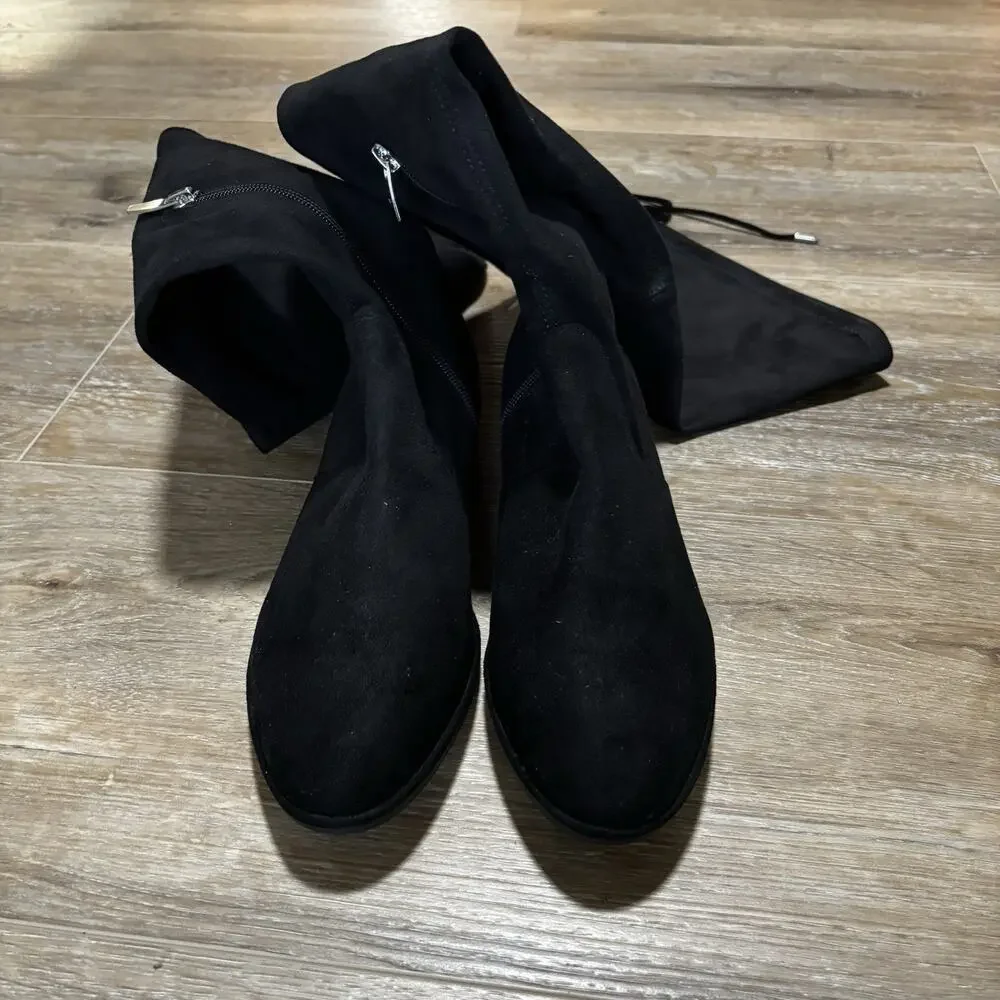 Marc Fisher Black Faux Suede Over The Knee Boots Flat Round Toe Size 8M Tie Back